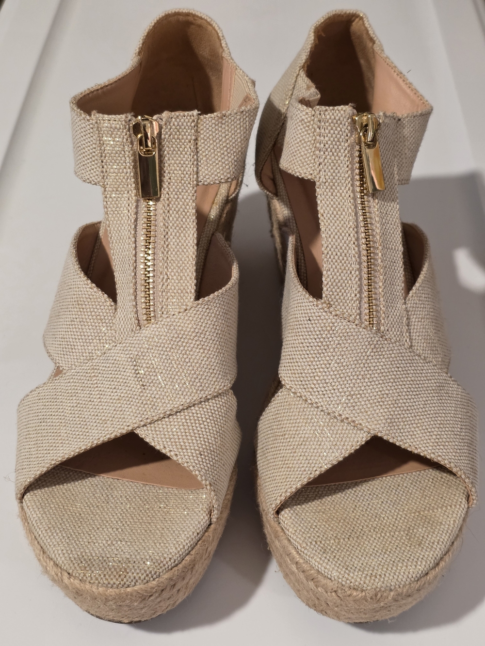 Women's Beige Espadrille Wedge Sandals with Front Zip